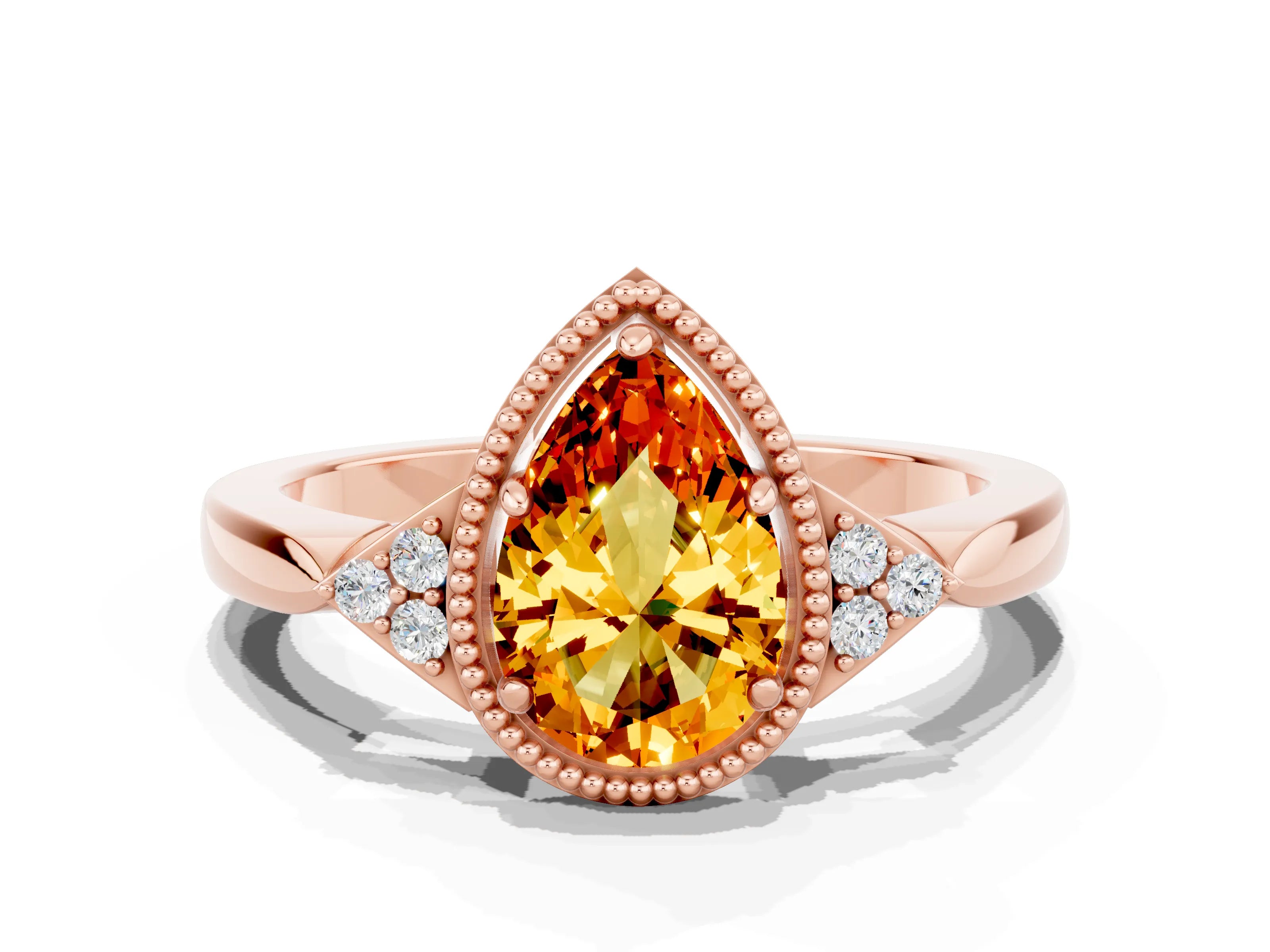 Rose gold Pear Cut Citrine Halo Ring with Tapered Band and Four-Prong Setting