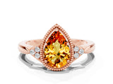 Rose gold Pear Cut Citrine Halo Ring with Tapered Band and Four-Prong Setting