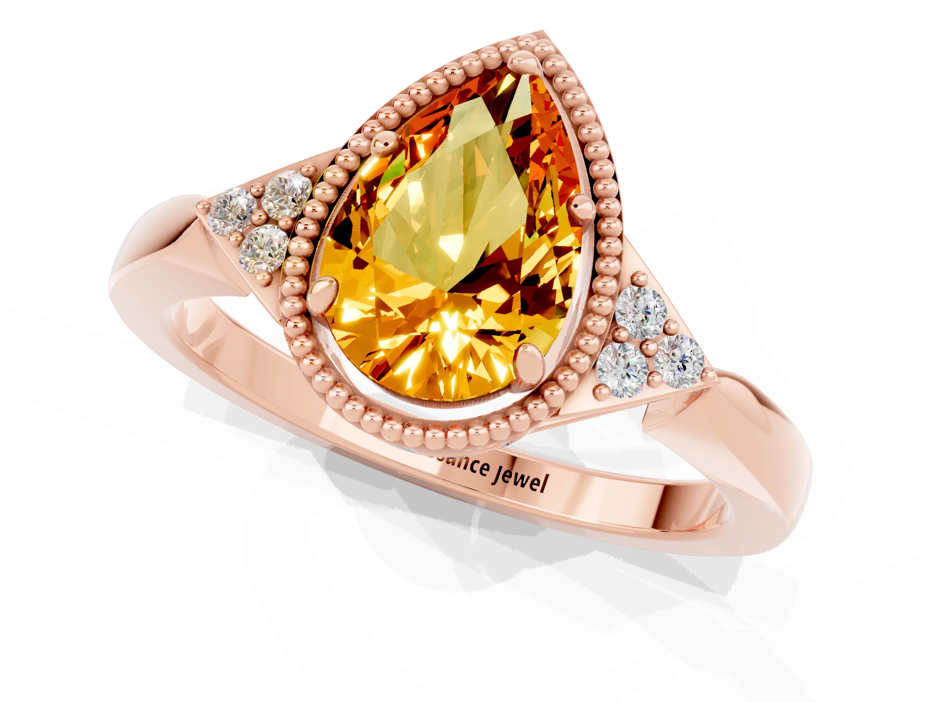 Rose gold Pear Cut Citrine Halo Ring with Tapered Band and Four-Prong Setting_1