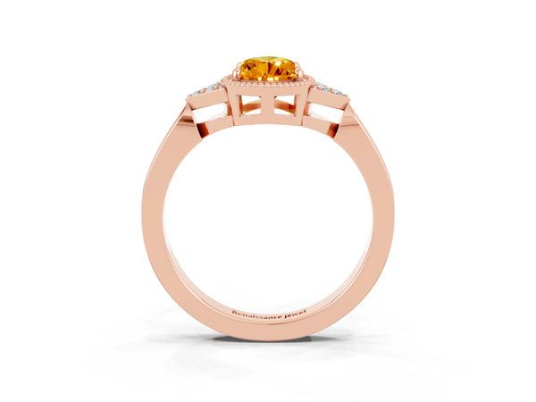 Rose gold Pear Cut Citrine Halo Ring with Tapered Band and Four-Prong Setting