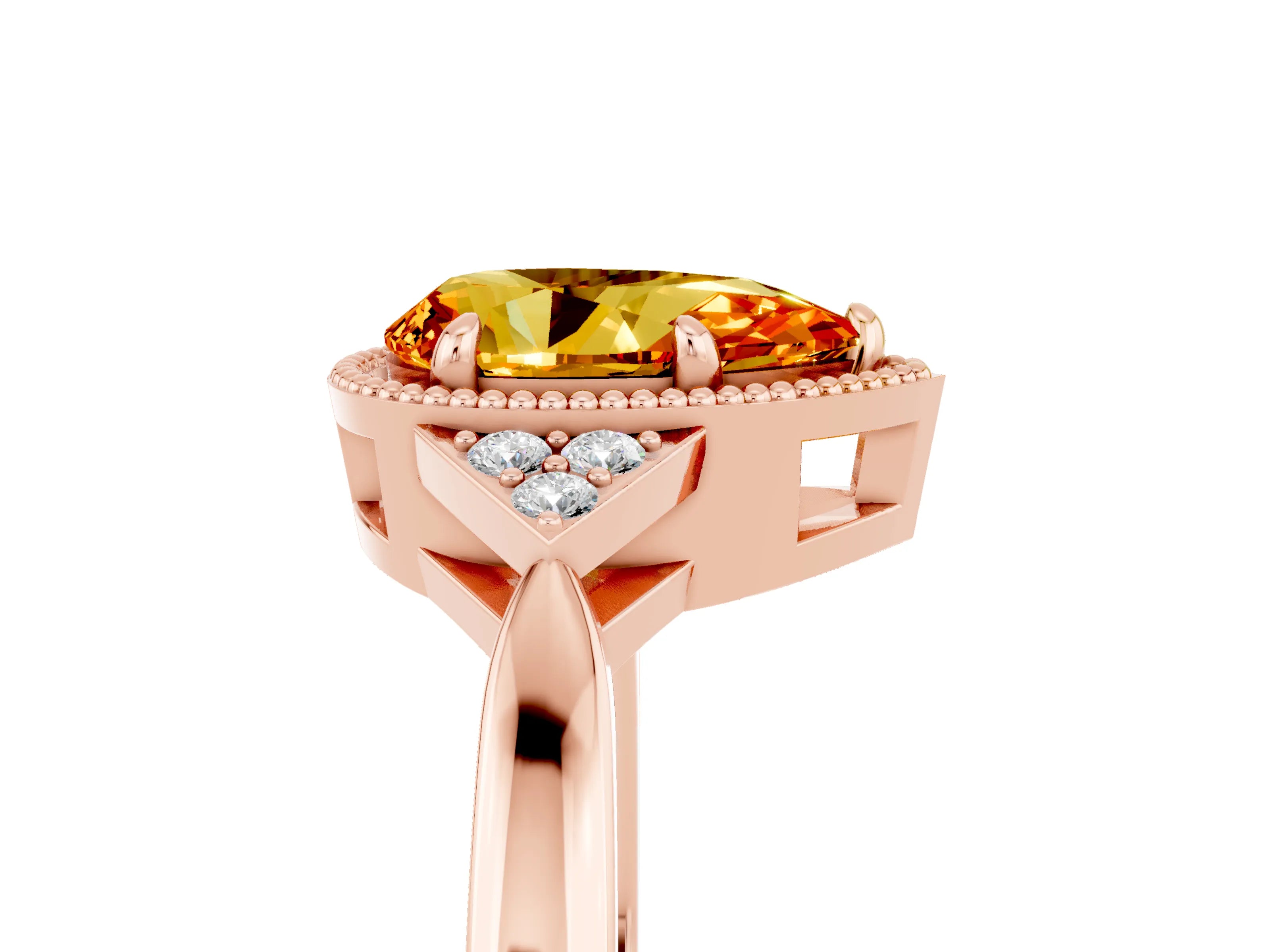 Rose gold Pear Cut Citrine Halo Ring with Tapered Band and Four-Prong Setting_5