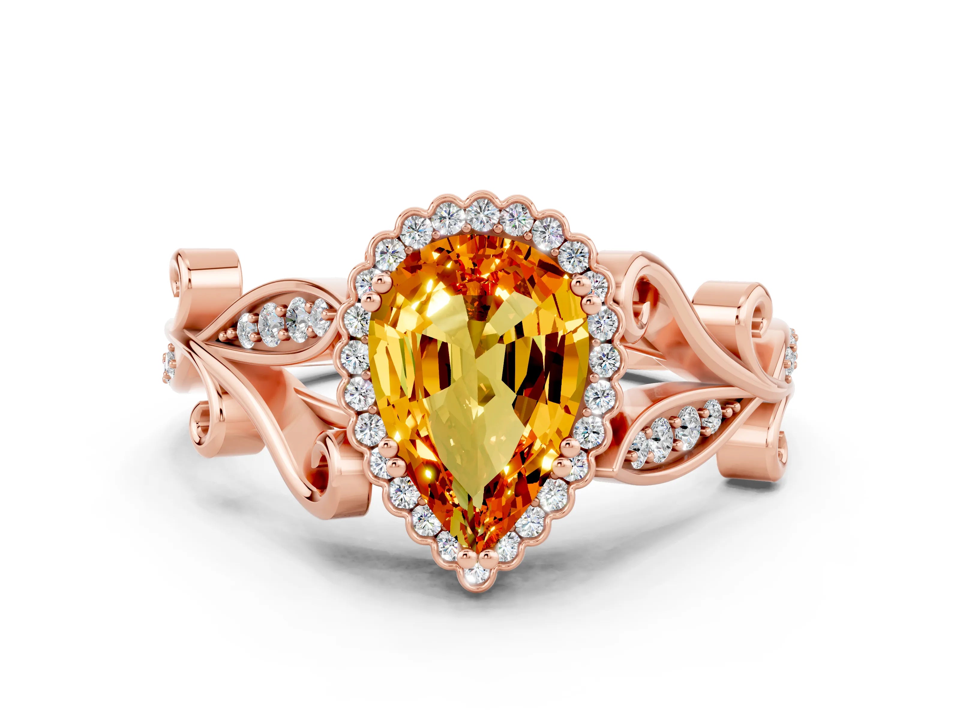 Rose gold Pear Cut Citrine Halo Ring with Vintage Split Shank and Four-Prong Setting