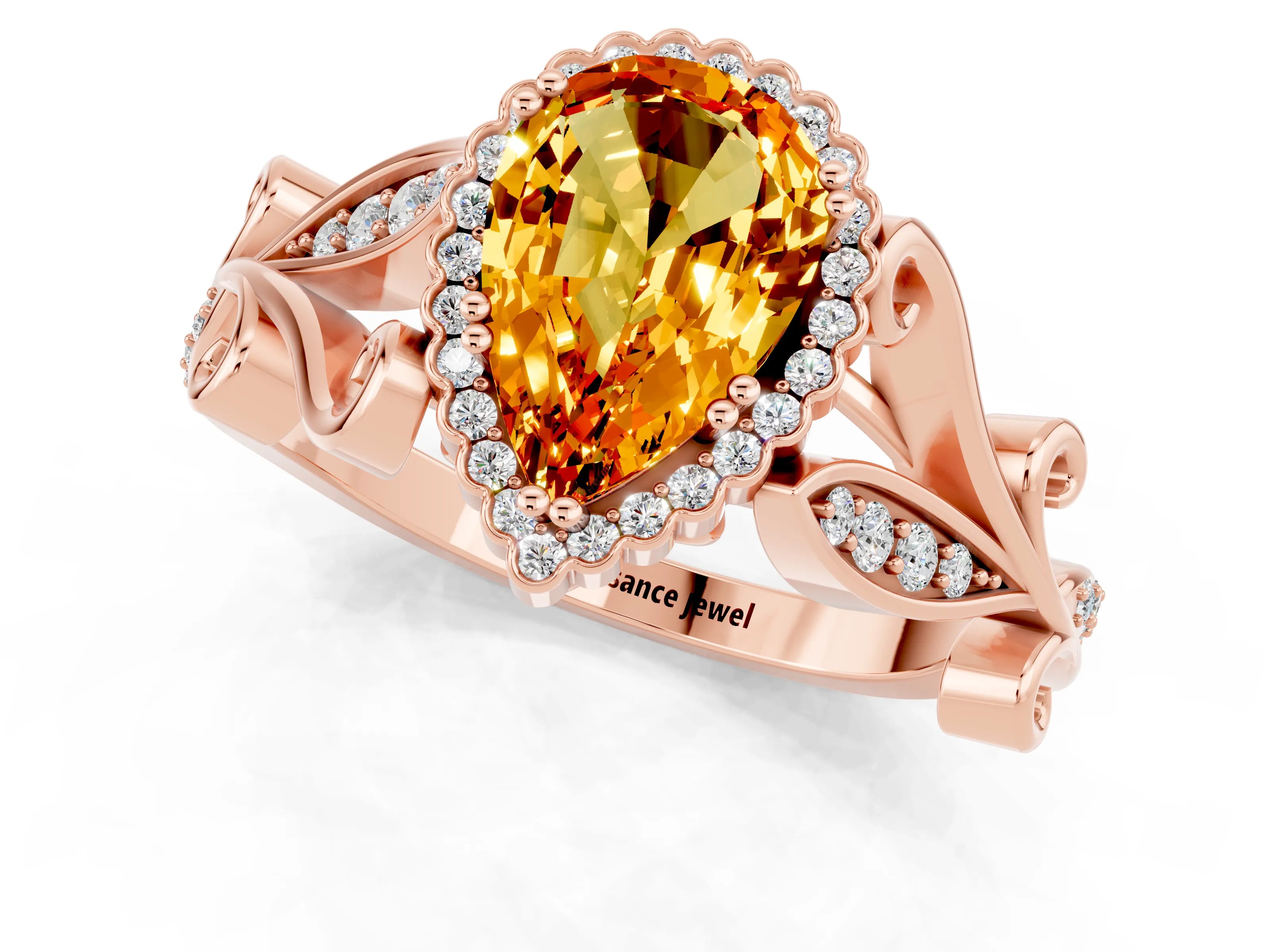 Rose gold Pear Cut Citrine Halo Ring with Vintage Split Shank and Four-Prong Setting_1