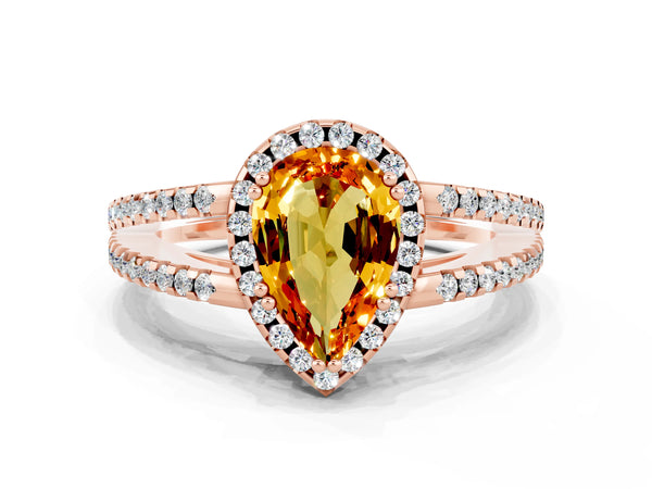 Rose gold Pear Cut Citrine Halo Split Shank Engagement Ring