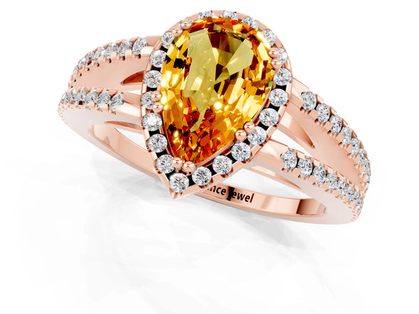 Rose gold Pear Cut Citrine Halo Split Shank Engagement Ring