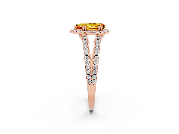 Rose gold Pear Cut Citrine Halo Split Shank Engagement Ring