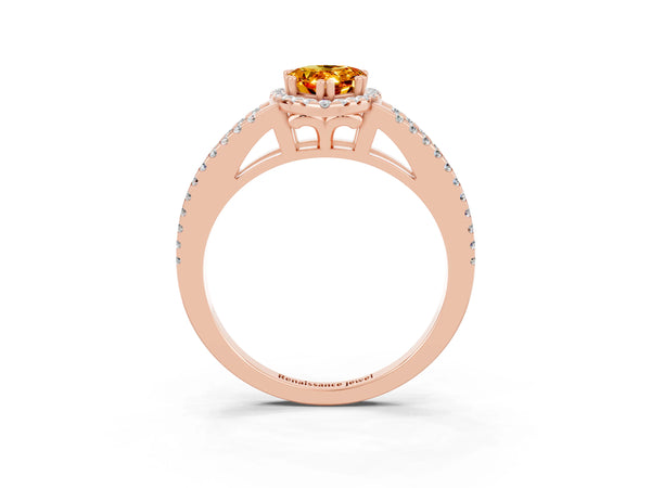 Rose gold Pear Cut Citrine Halo Split Shank Engagement Ring