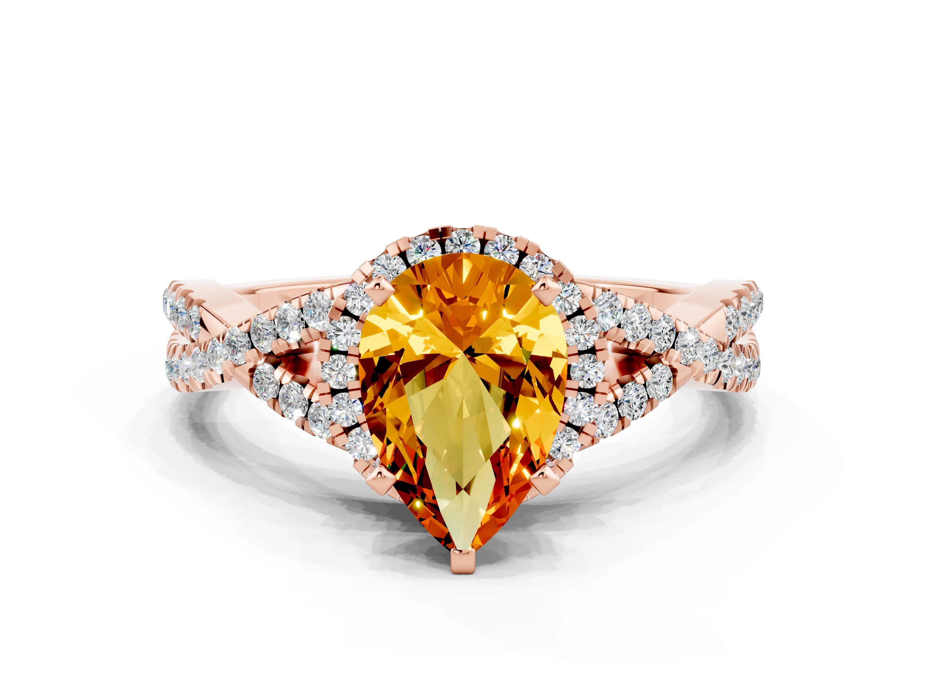 Rose gold Pear Cut Citrine Halo Twist Band Solitaire Prong Setting Ring