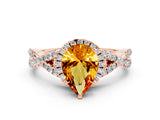 Rose gold Pear Cut Citrine  Halo Twist Band Solitaire Prong Setting Ring_24