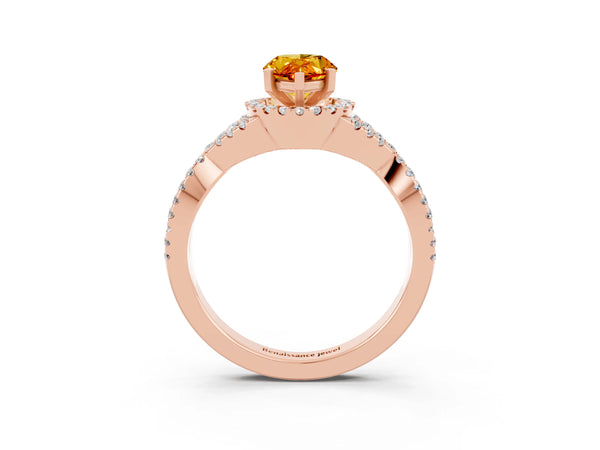 Rose gold Pear Cut Citrine  Halo Twist Band Solitaire Prong Setting Ring