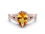 Rose gold Pear Cut Citrine  Halo Twist Band Solitaire Prong Setting Ring_42