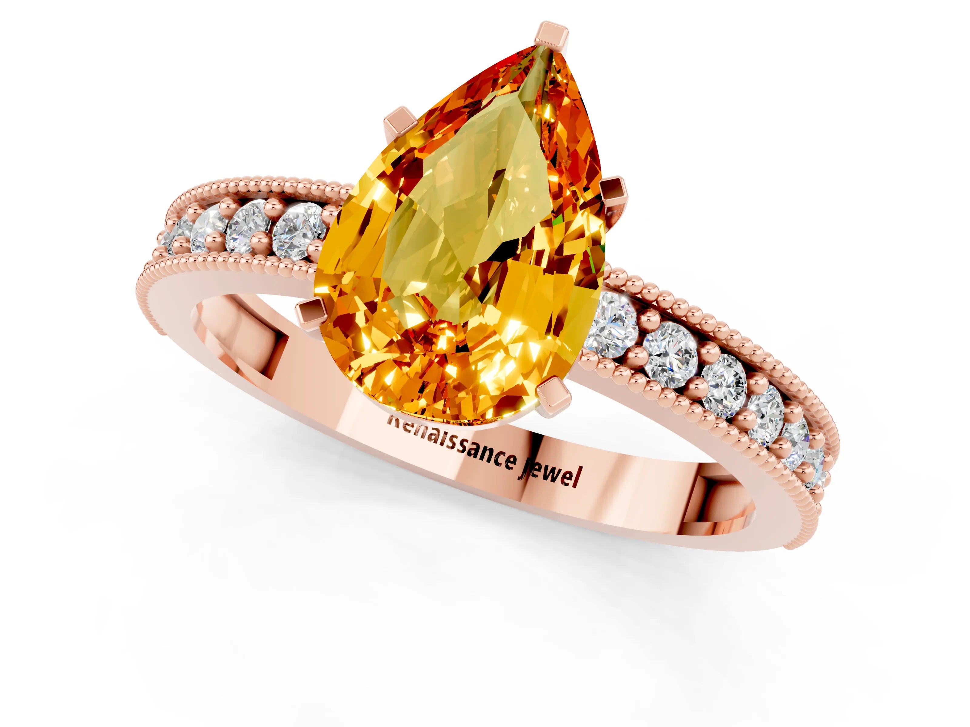 Rose gold Pear Cut Citrine Milgrain Pavé Engagement Ring with Four-Prong Setting_1