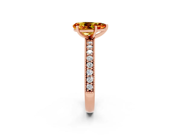 Rose gold Pear Cut Citrine Milgrain Pavé Engagement Ring with Four-Prong Setting