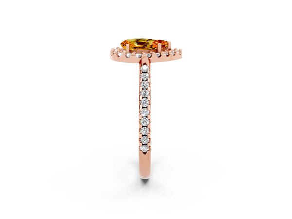 Rose gold Pear Cut Citrine Pavé Halo Ring with Four-Prong Setting