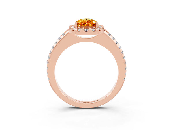 Rose gold Pear Cut Citrine Pavé Halo Ring with Four-Prong Setting