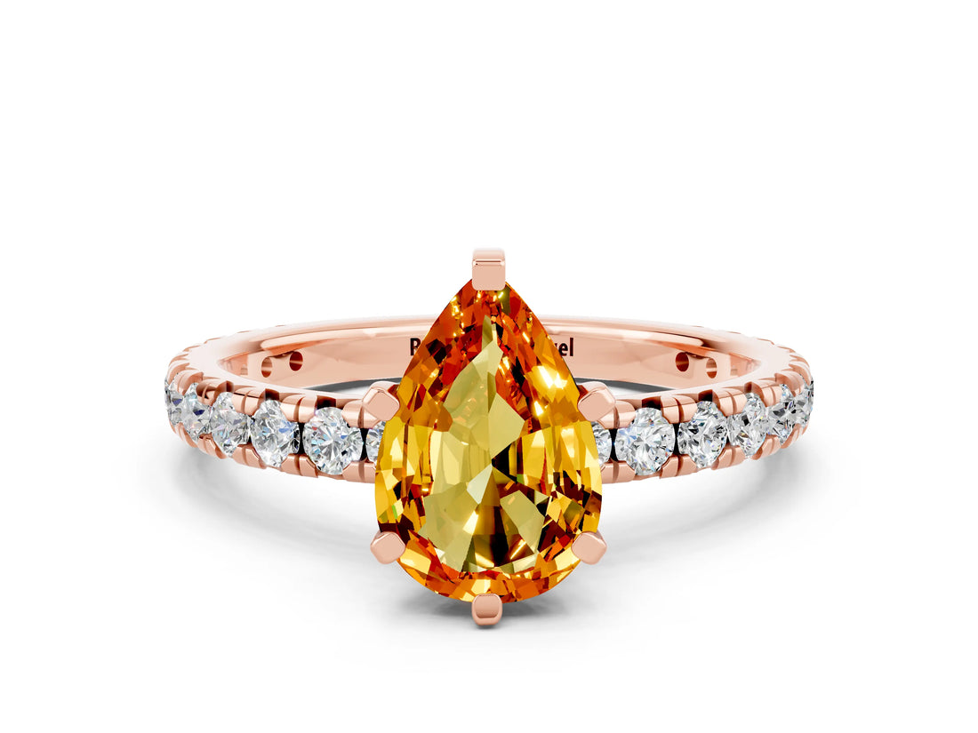 Rose gold Pear Cut Citrine Pavé Solitaire Ring with Round Band and Prong Setting_12