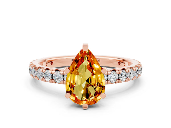 Rose gold Pear Cut Citrine Pavé Solitaire Ring with Round Band and Prong Setting