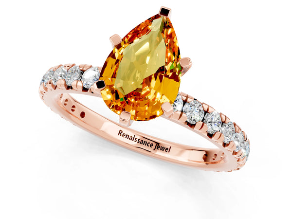 Rose gold Pear Cut Citrine Pavé Solitaire Ring with Round Band and Prong Setting