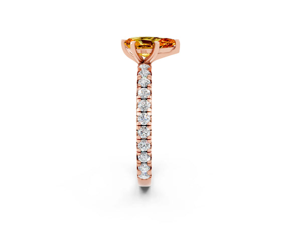 Rose gold Pear Cut Citrine Pavé Solitaire Ring with Round Band and Prong Setting
