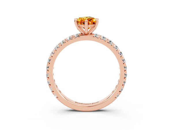 Rose gold Pear Cut Citrine Pavé Solitaire Ring with Round Band and Prong Setting