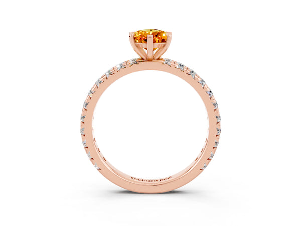 Rose gold Pear Cut Citrine Pavé Solitaire Ring with Round Band and Prong Setting