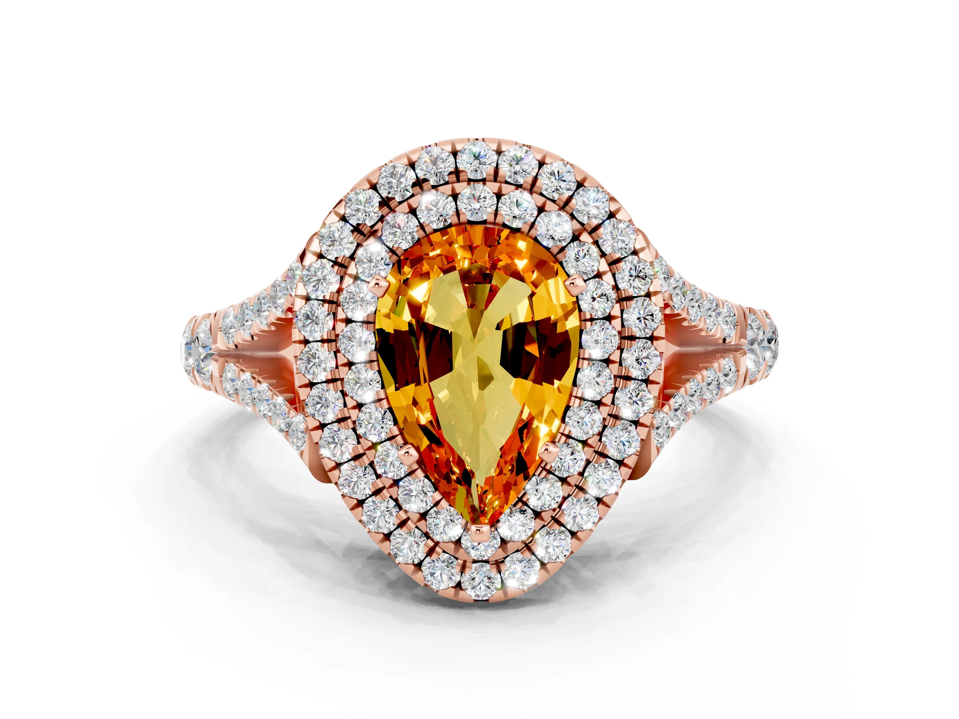 Rose gold Pear Cut Citrine Pavé Split Shank Double Halo Engagement Ring