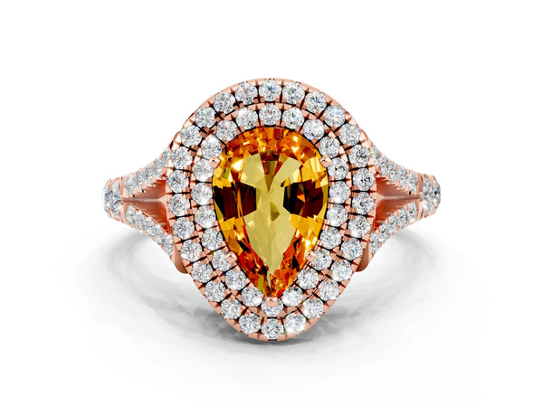 Rose gold Pear Cut Citrine Pavé Split Shank Double Halo Engagement Ring