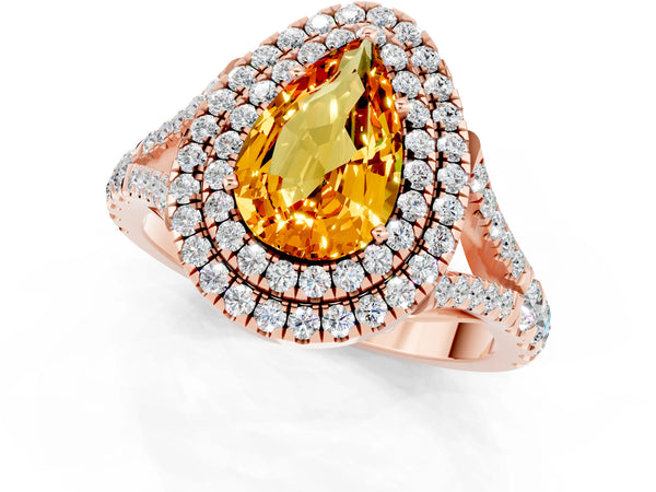 Rose gold Pear Cut Citrine Pavé Split Shank Double Halo Engagement Ring