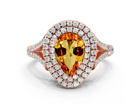 Rose gold Pear Cut Citrine Pavé Split Shank Double Halo Engagement Ring