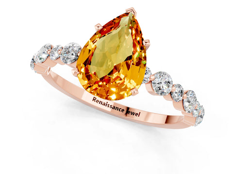 Rose gold Pear Cut Citrine Prong Set Engagement Ring with Pavé Band_1
