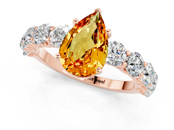 Rose gold Pear Cut Citrine Prong Setting with Side Stones on a Pave Band
