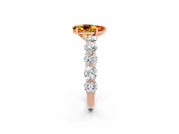 Rose gold Pear Cut Citrine Prong Setting with Side Stones on a Pave Band