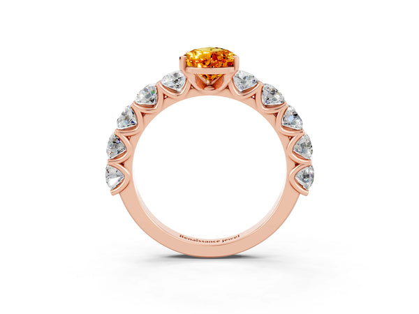 Rose gold Pear Cut Citrine Prong Setting with Side Stones on a Pave Band
