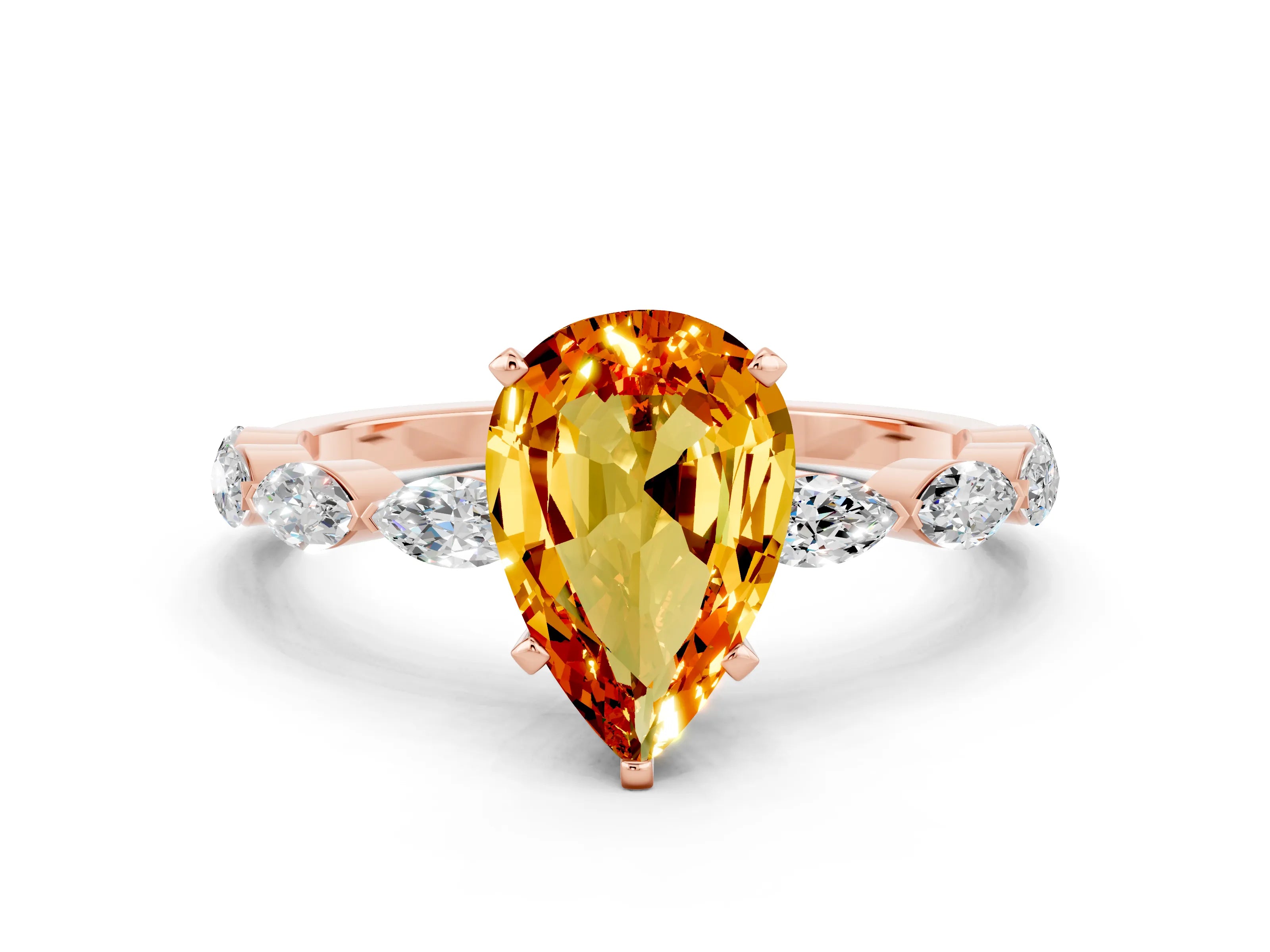 Rose gold Pear Cut Citrine Ring with Marquise Side Stones and Prong Setting
