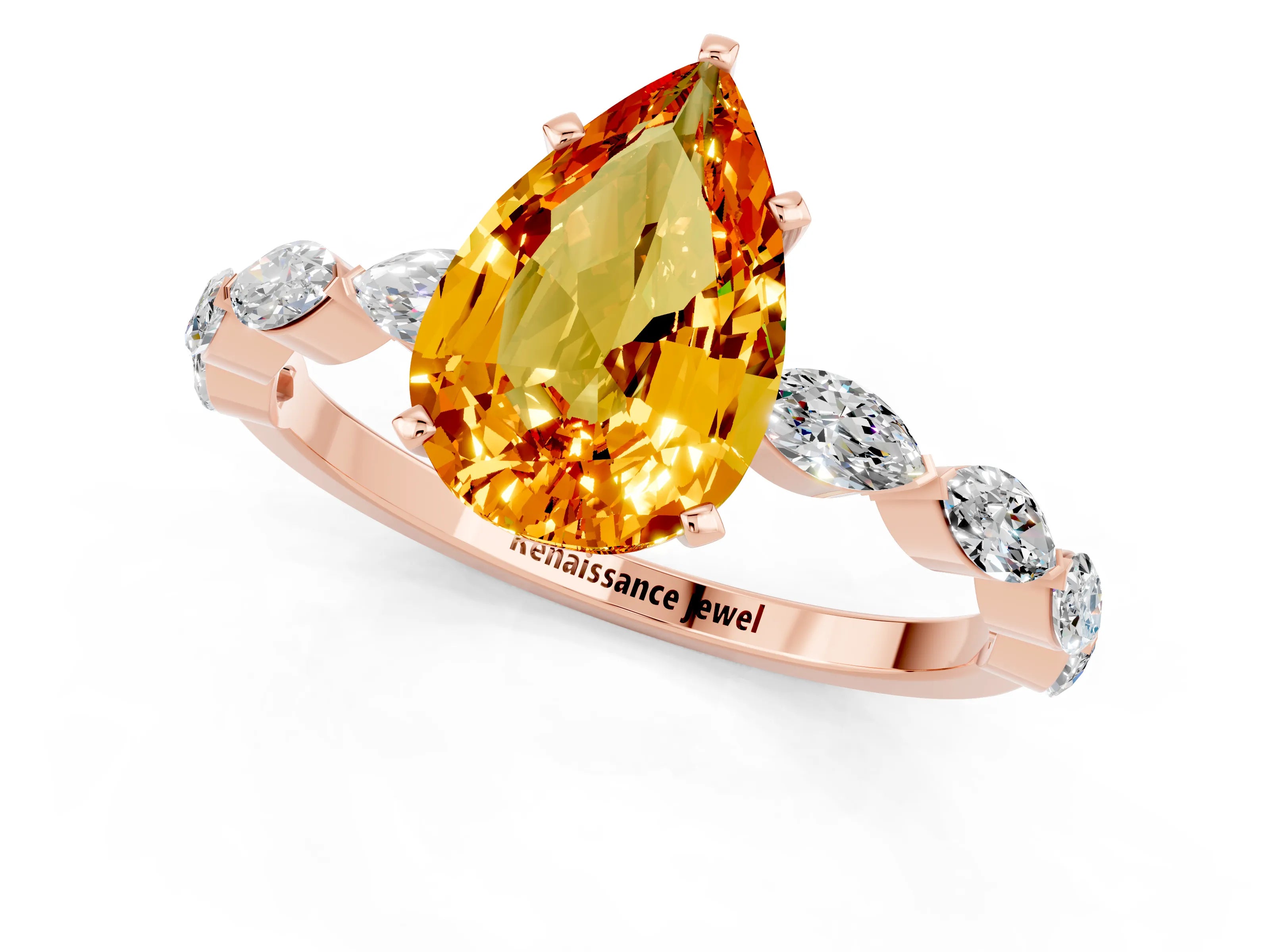 Rose gold Pear Cut Citrine Ring with Marquise Side Stones and Prong Setting_1