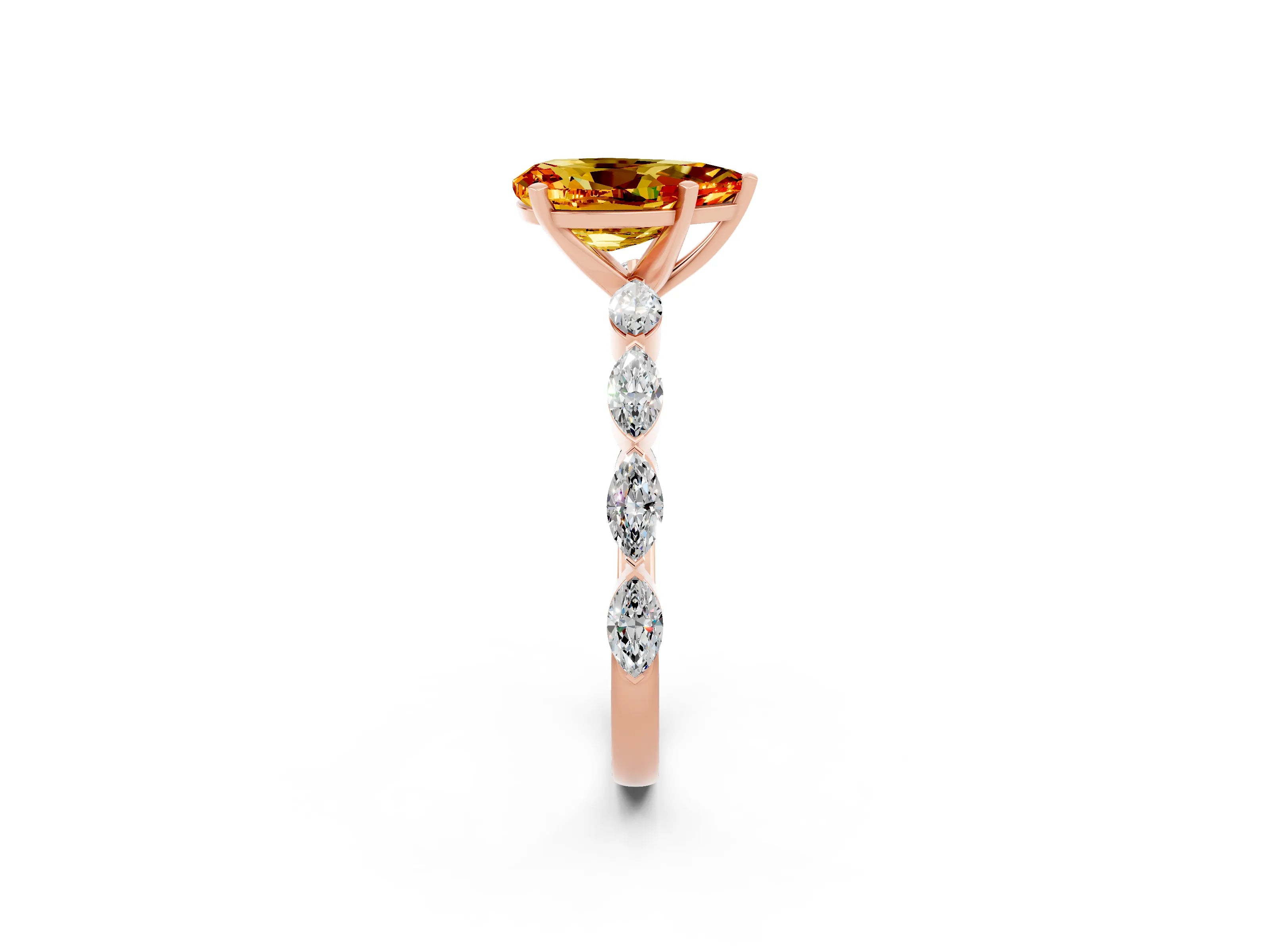 Rose gold Pear Cut Citrine Ring with Marquise Side Stones and Prong Setting_2