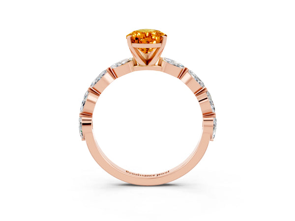 Rose gold Pear Cut Citrine Ring with Marquise Side Stones and Prong Setting