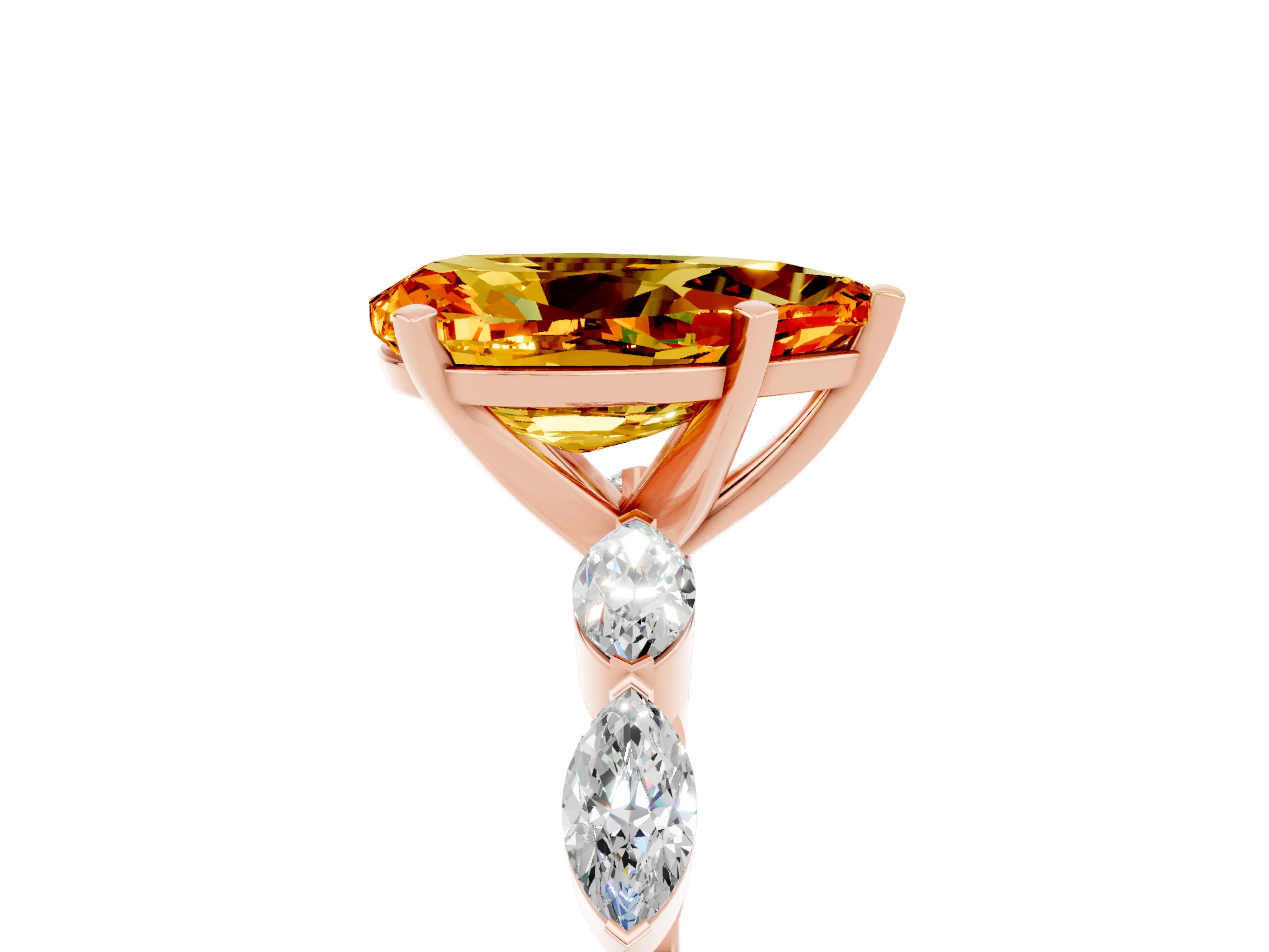 Rose gold Pear Cut Citrine Ring with Marquise Side Stones and Prong Setting_5