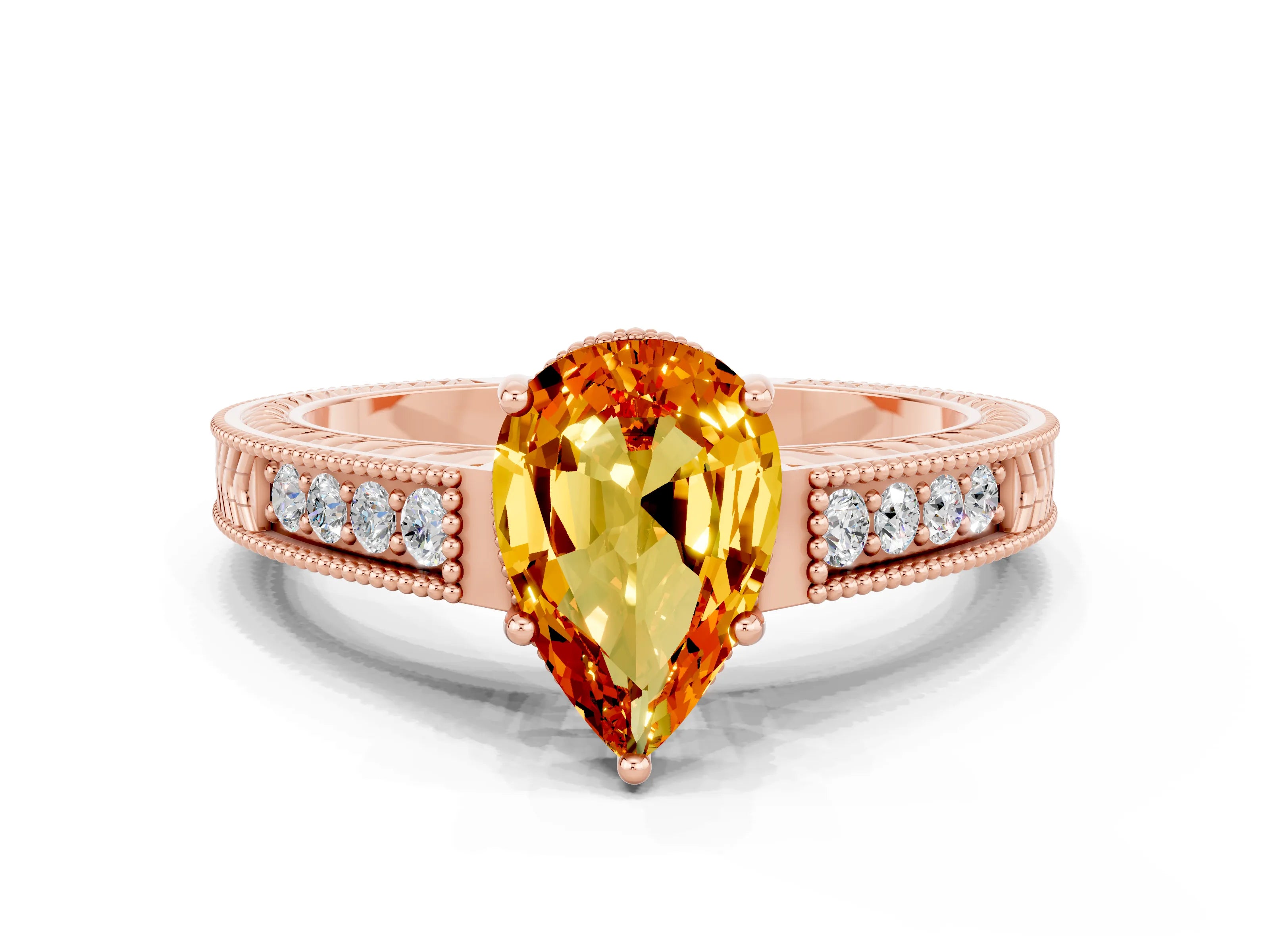 Rose gold Pear Cut Citrine Ring with Milgrain Pavé Band and Four-Prong Setting_12