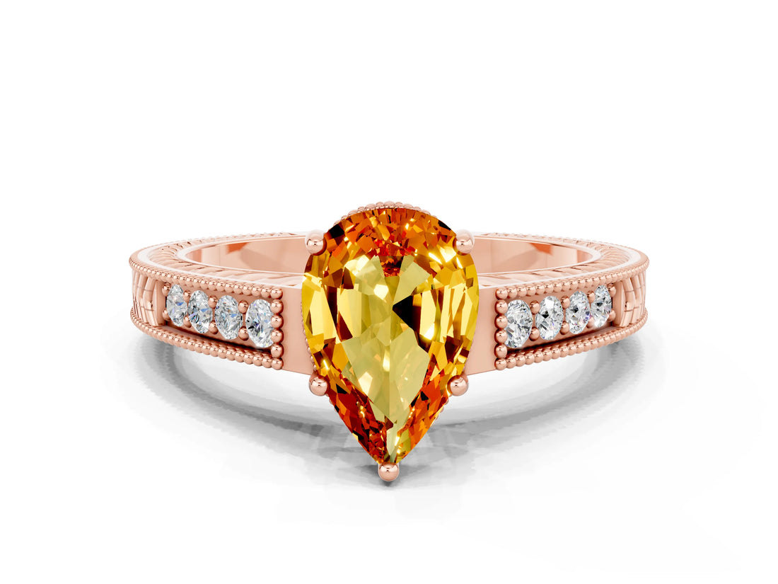Rose gold Pear Cut Citrine Ring with Milgrain Pavé Band and Four-Prong Setting_12