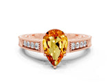 Rose gold Pear Cut Citrine Ring with Milgrain Pavé Band and Four-Prong Setting_12