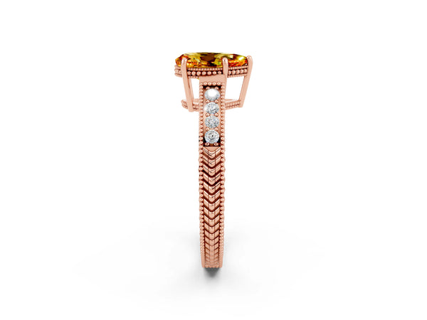 Rose gold Pear Cut Citrine Ring with Milgrain Pavé Band and Four-Prong Setting