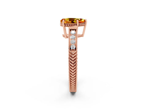 Rose gold Pear Cut Citrine Ring with Milgrain Pavé Band and Four-Prong Setting_14