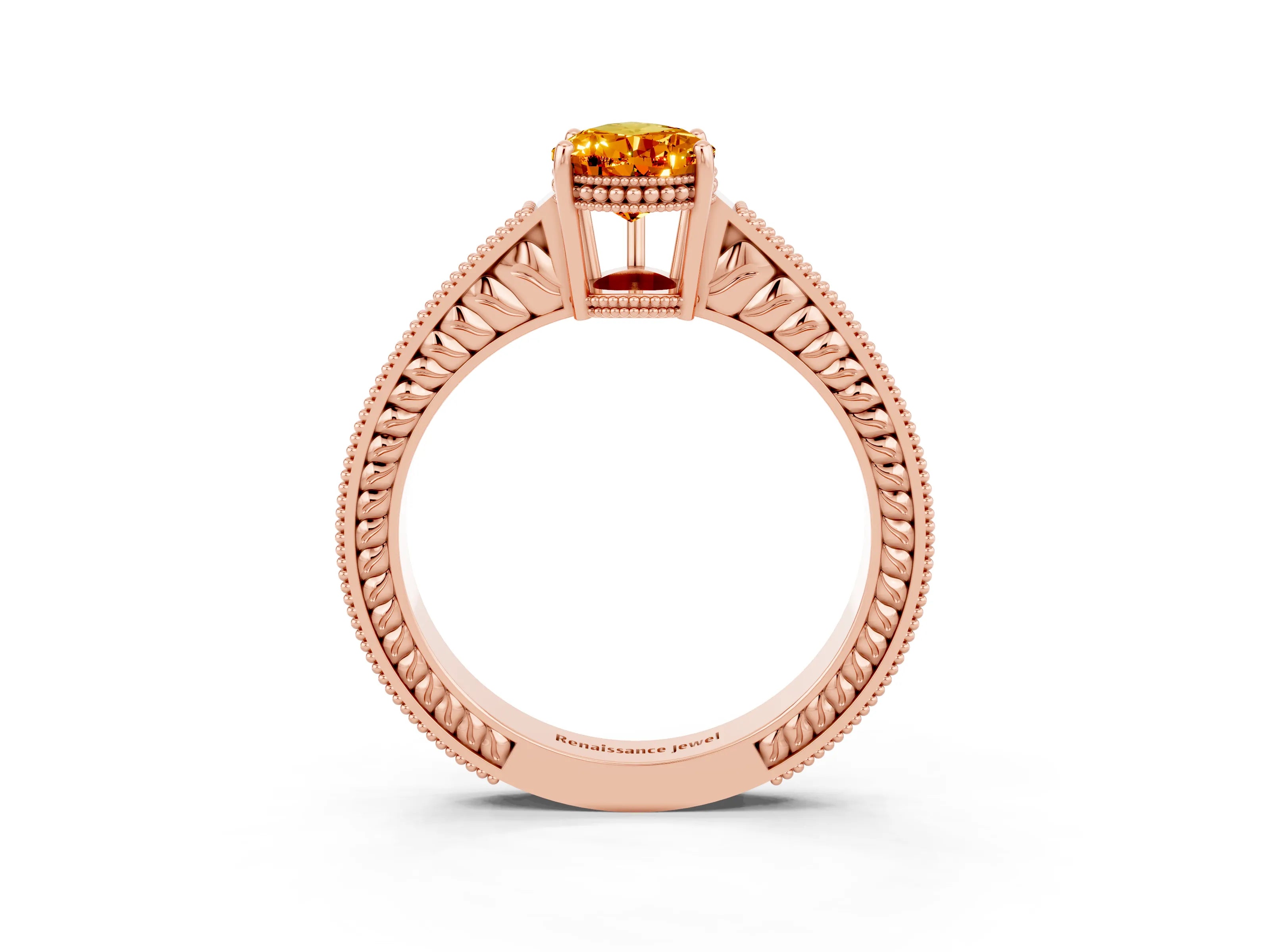 Rose gold Pear Cut Citrine Ring with Milgrain Pavé Band and Four-Prong Setting_15