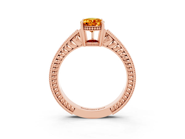 Rose gold Pear Cut Citrine Ring with Milgrain Pavé Band and Four-Prong Setting