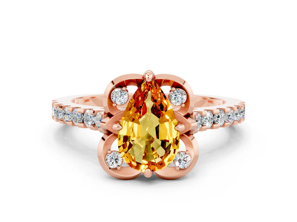 Rose gold Pear Cut Citrine Ring with Pavé Band and Floral Prong Setting