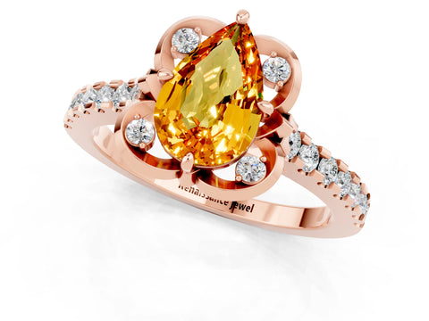 Rose gold Pear Cut Citrine Ring with Pavé Band and Floral Prong Setting_1
