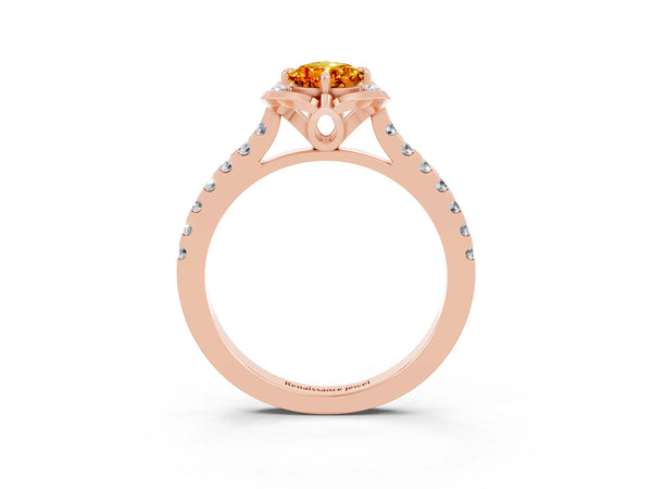 Rose gold Pear Cut Citrine Ring with Pavé Band and Floral Prong Setting