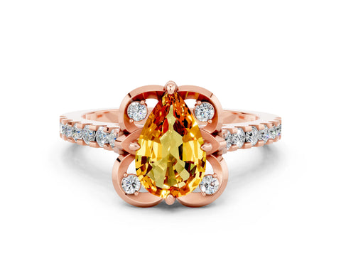 Rose gold Pear Cut Citrine Ring with Pavé Band and Floral Prong Setting