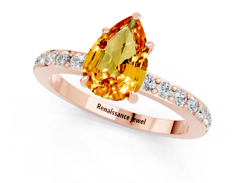 Rose gold Pear Cut Citrine Ring with Pavé Band and Four-Prong Setting_1
